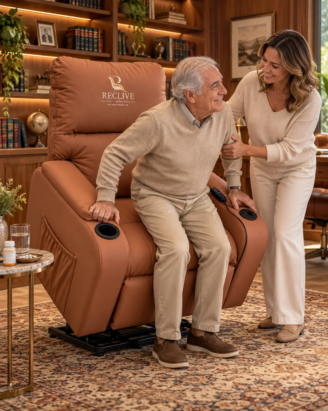 Homem idoso utilizando a função lift da poltrona